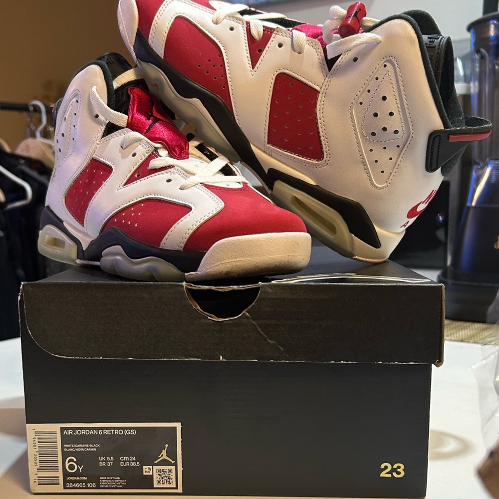 Jordan 6 Retro GS Red/White and Black Sneakers In Original Box w Sticker! In EC!